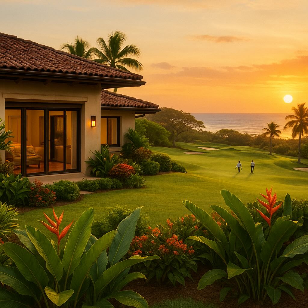 AI generated image of a luxury home on a golf course in Costa Rica with the sunset over the Pacific Ocean in the background