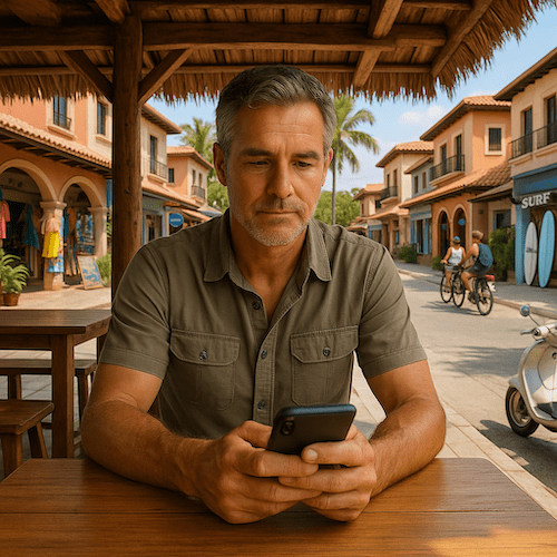 Man checking exchange rates in Costa Rica