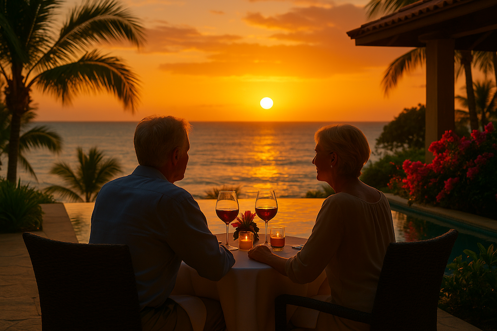 Investor couple drinking wine on the terrace of their luxury villa in Costa Rica