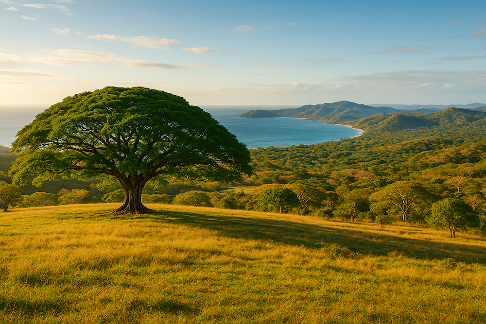 Majestic Guanacaste tree on a hillside overlooking the Pacific Ocean