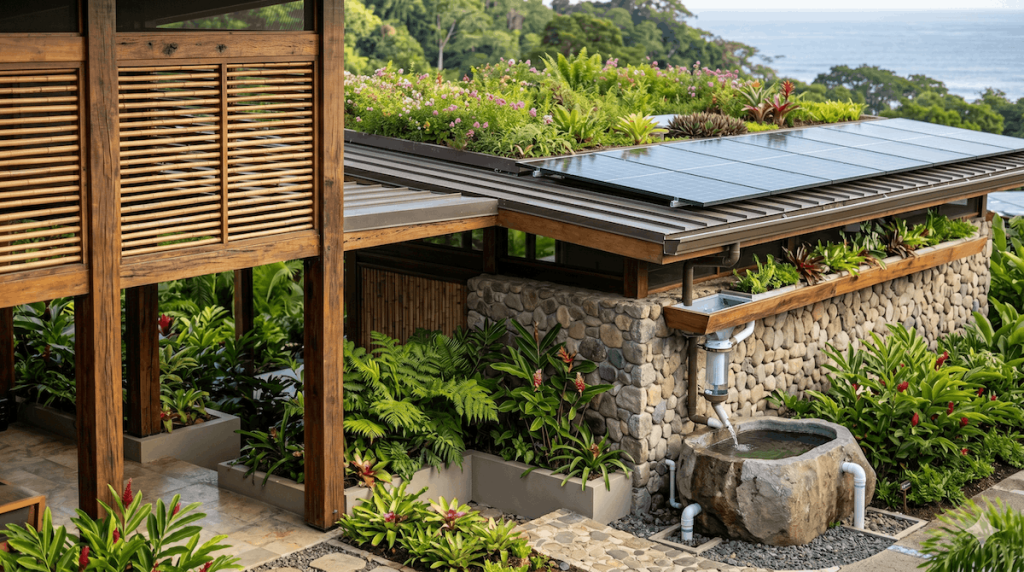 Closeup of eco-friendly home in Costa Rica with water collection and solar panels
