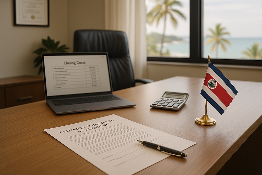 Desk with closing costs displayed on a computer screen and a property purchase agreement on a desk.