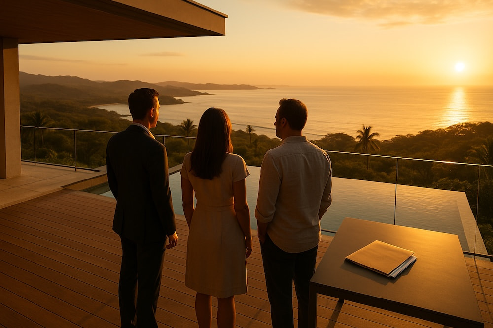 A young couple with a real estate agent standing on a luxury home terrace watching the sun set over the Pacific Ocean
